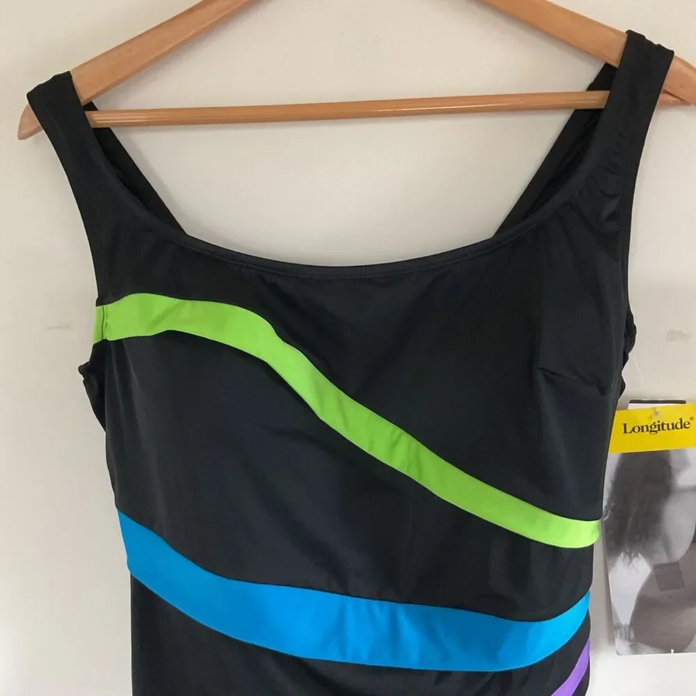 Longitude Inches Away Colorblock Piping Fan One Piece Swimsuit 20W Black Multi